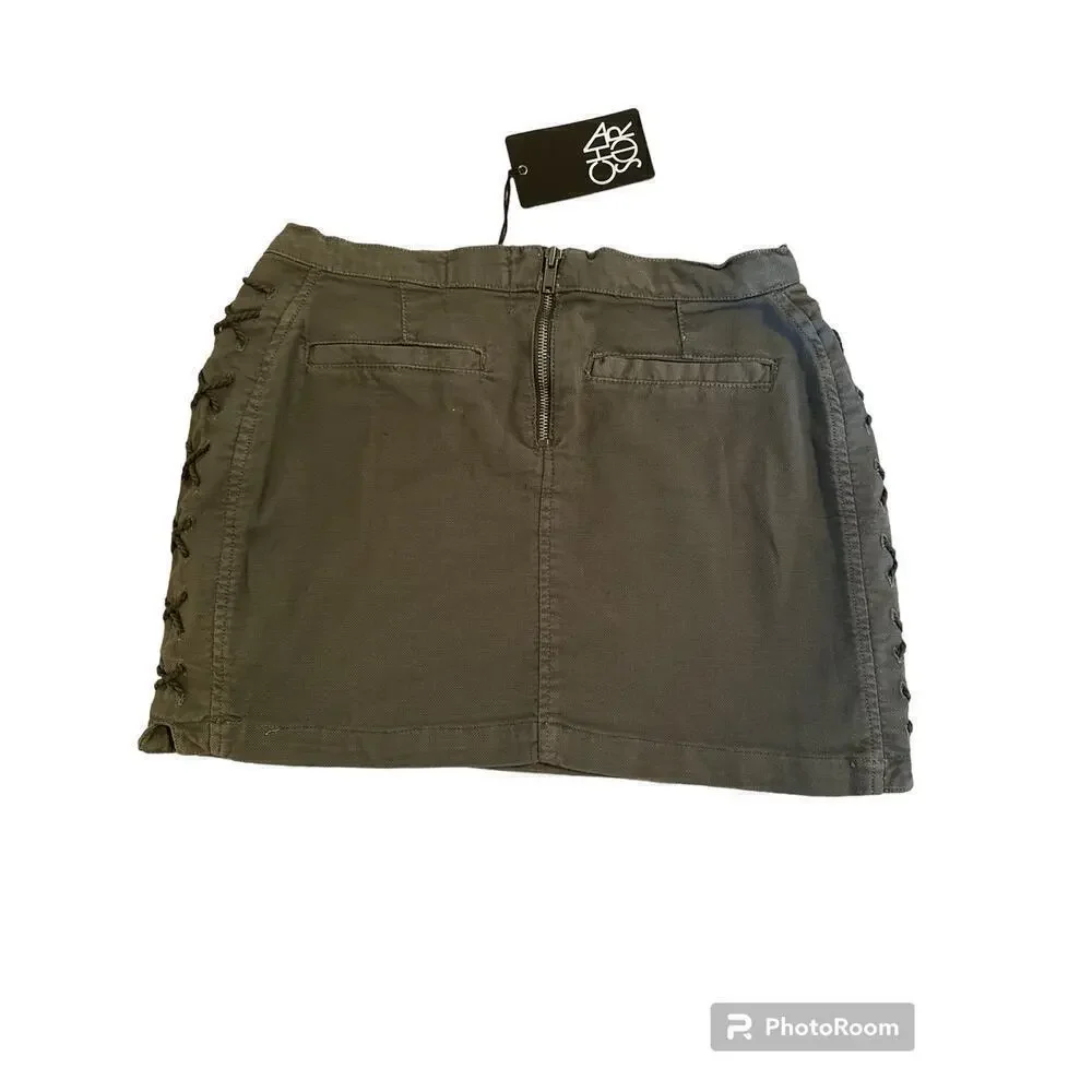 Chaser Womens Faux Lace Up Cotton Blend Utility Mini Skirt Safari  Sz M